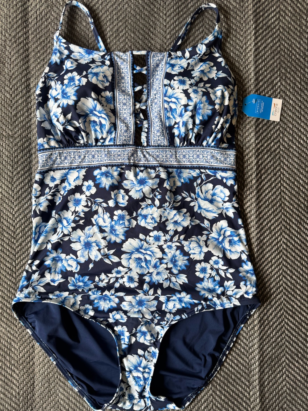 LandsEnd long torso Blue Floral One-Piece Swimsuit